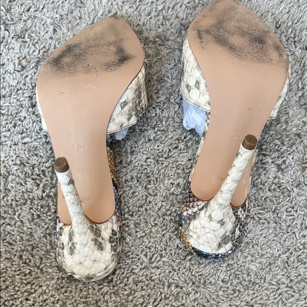 Steve Madden Snake-Print Yellow Black Open-Toe Stiletto Heels - Picture 3 of 5